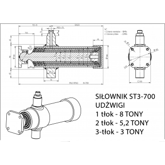 Siłownik teleskopowy 700mm  przyczepy, wywrotki ST3-700, wysów -700mm, wys-38cm 